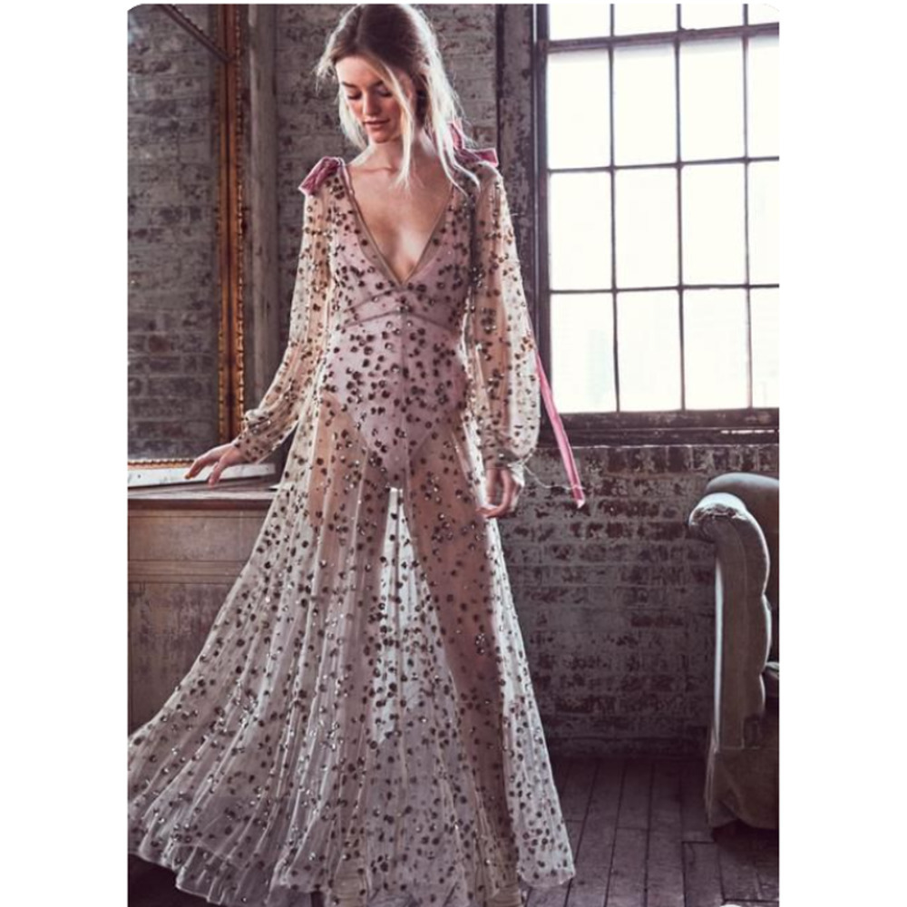 LoveShackFancy Maxi Dress Gown Gold Nude Sequin Sparkle Glitter Tulle Holiday 0